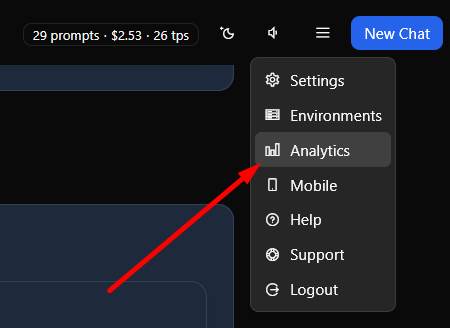 Analytics menu item in the main app menu