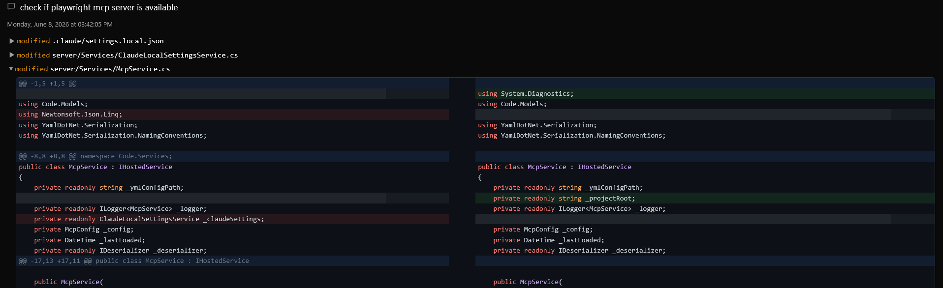 Commit detail view showing full commit message, changed files, and diff viewer