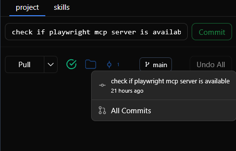 Commits dropdown menu showing recent commits linked to current chat