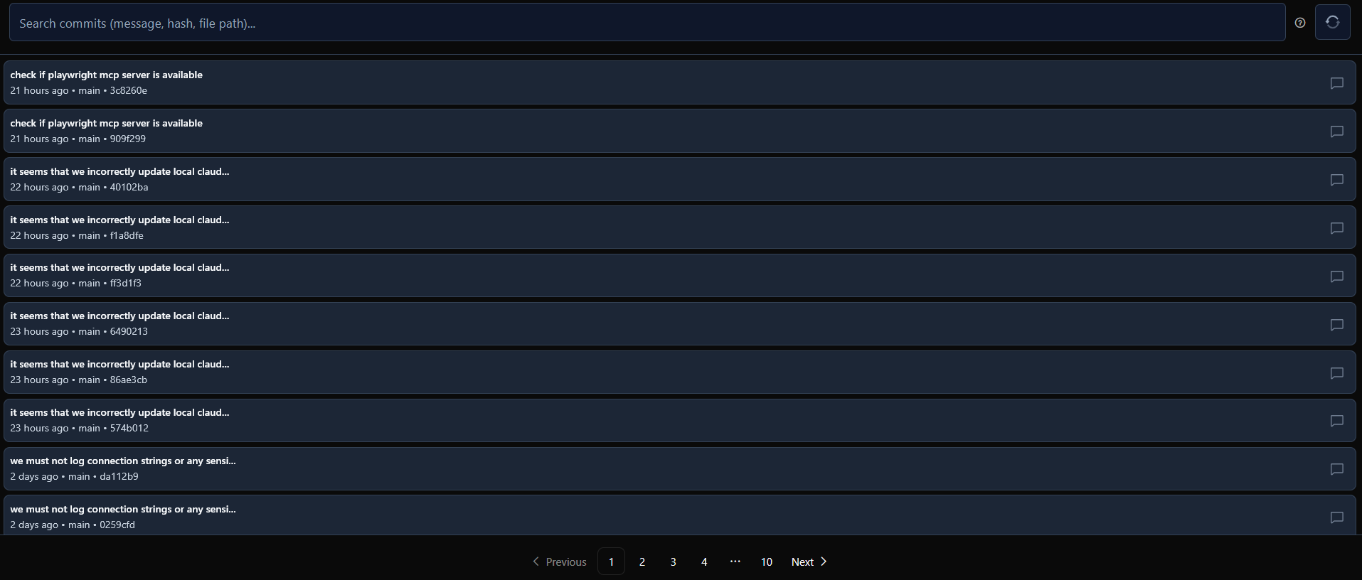 Commits overview page showing repository cards with commit counts