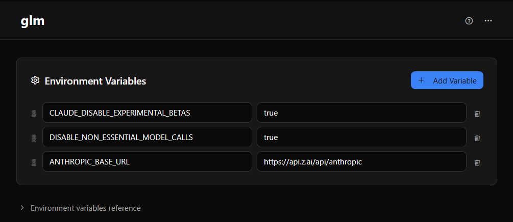 Environment detail page showing key-value pairs