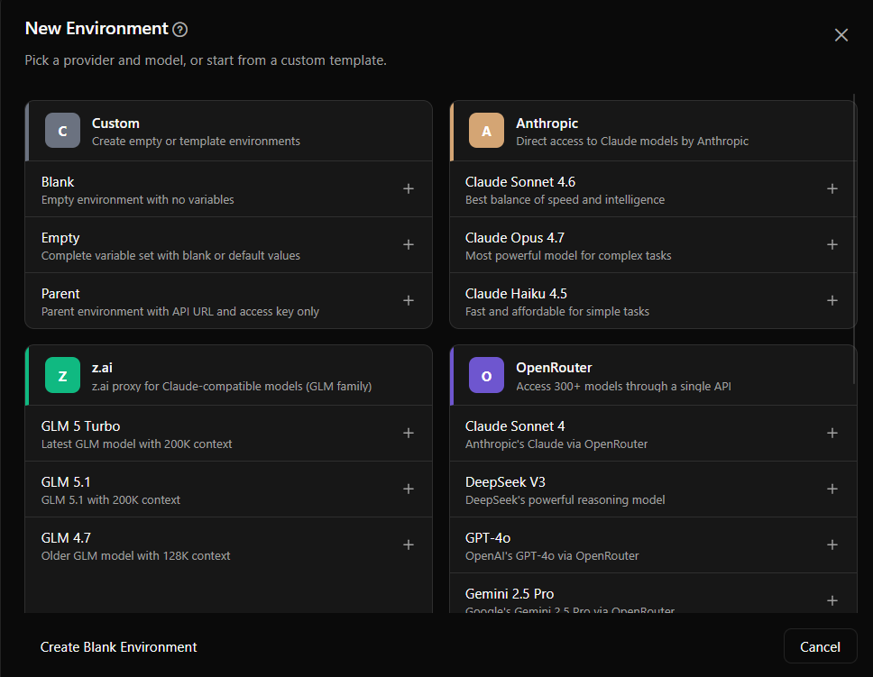 New environment dialog for creating an environment