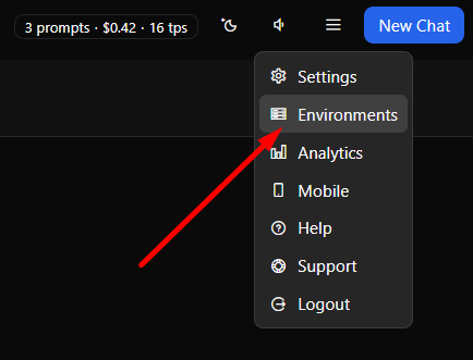 Environments menu item and environments list
