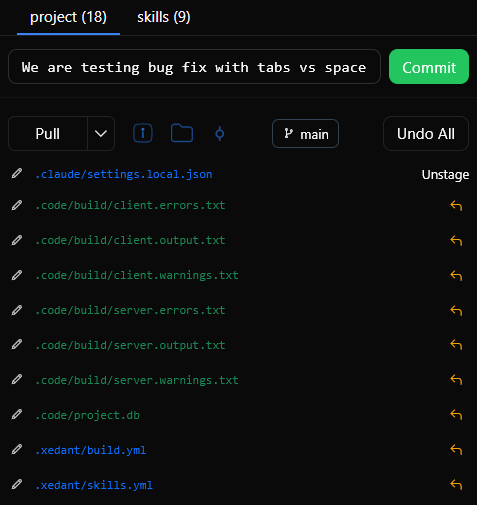 Git sidebar in Xedant Code showing repository tabs, changed files, and quick commit