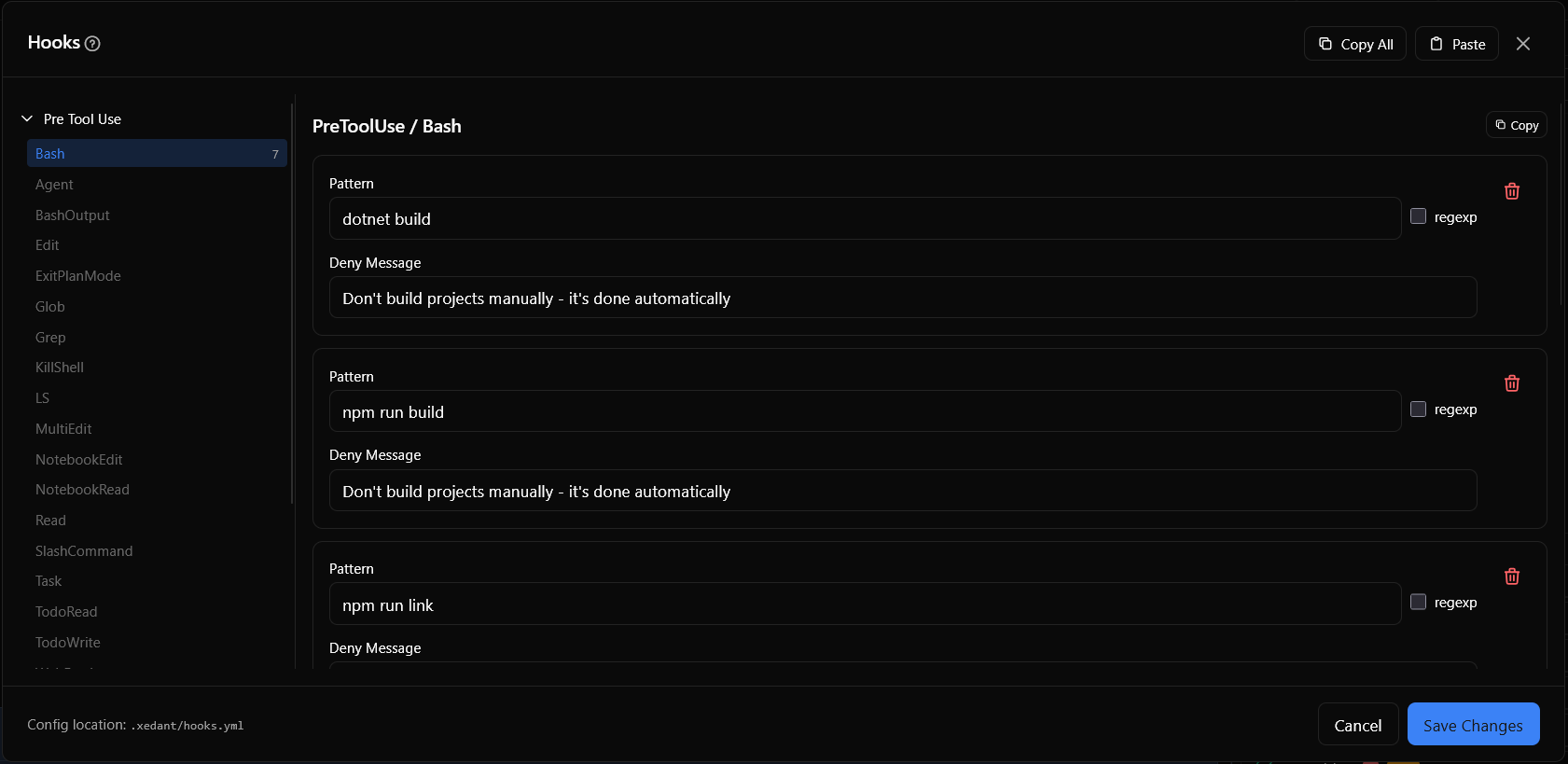 Hooks configuration dialog in Xedant Code