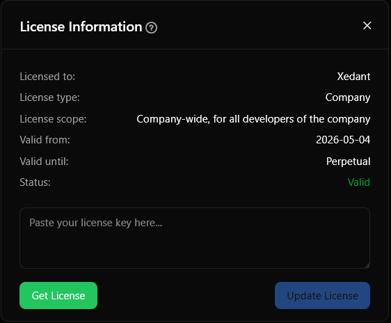 License Dialog showing current license status