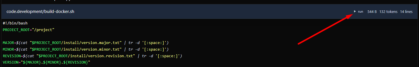 Run button appears in the file editor when a shell script is opened