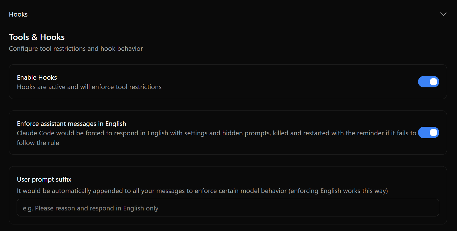 Hooks Settings section in Xedant Code Settings dialog