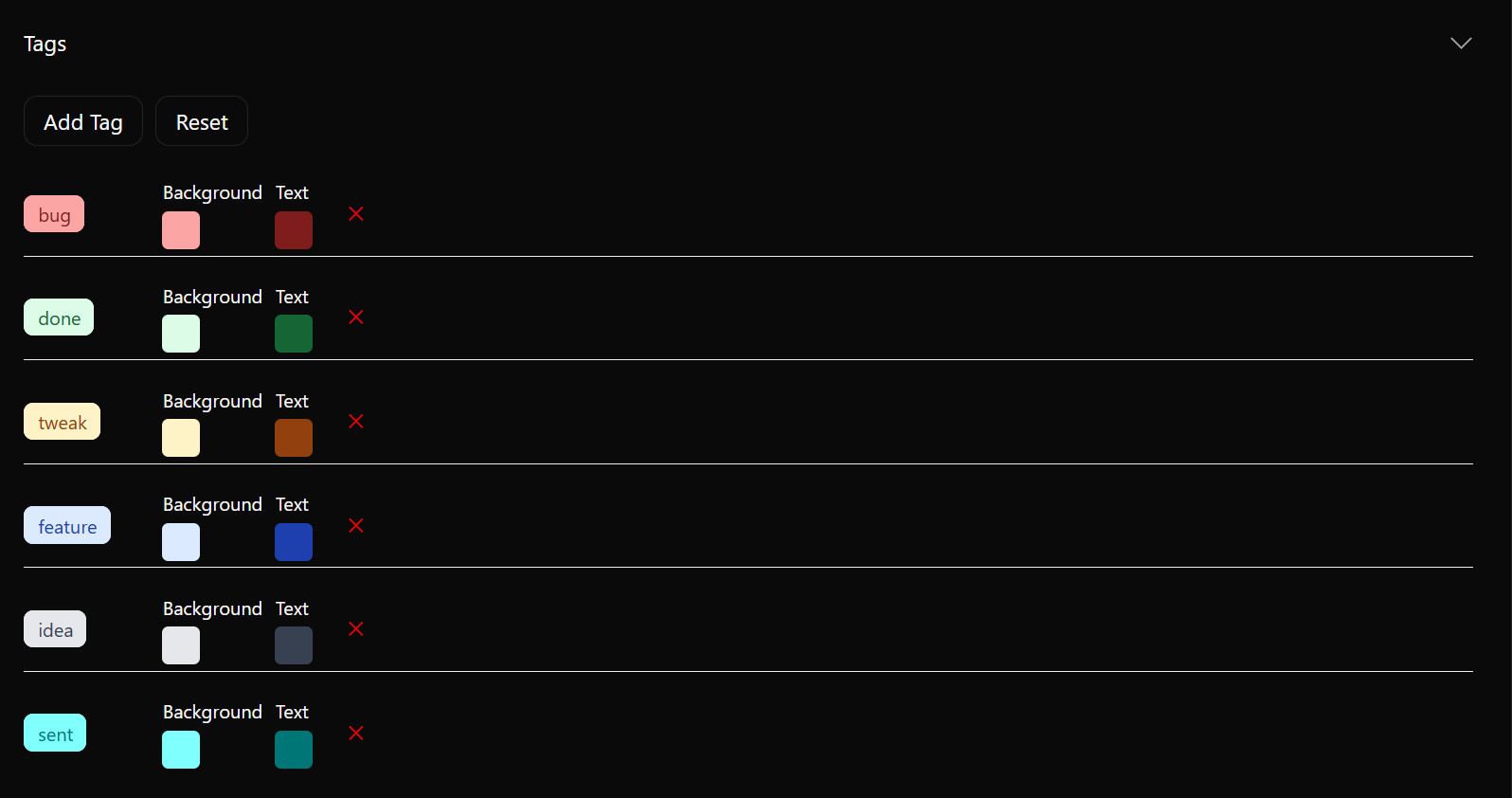 Tags Settings section in Xedant Code Settings dialog