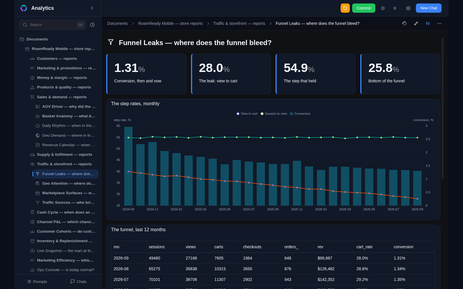 Funnel Leaks report: conversion KPI tiles, a monthly step-rate chart with three series and a month-by-month funnel table