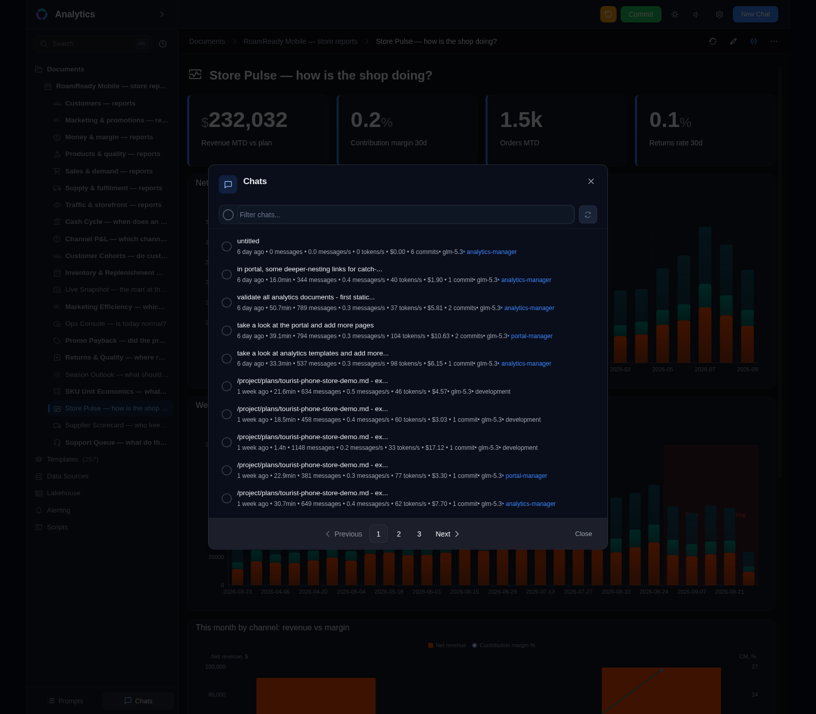 The Chats dialog over the app: conversations with message counts, costs, commits and the model and skill used for each — one sidebar on every page