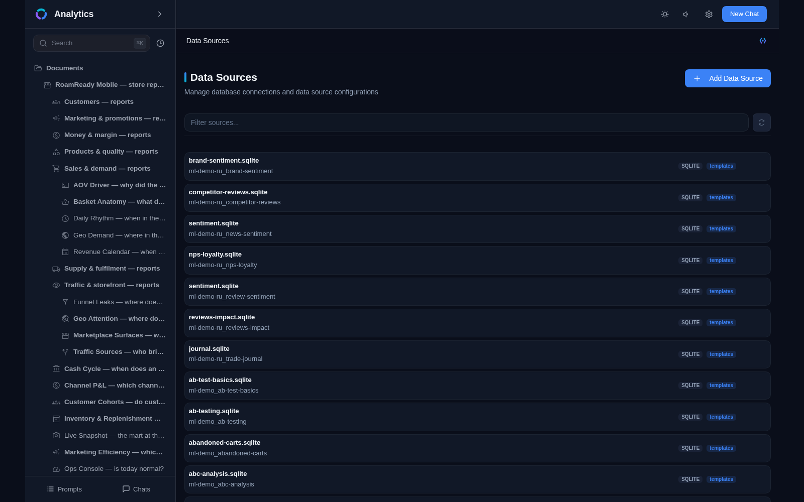 The Data Sources list: SQLite connections with type badges, a filter box and an Add Data Source button