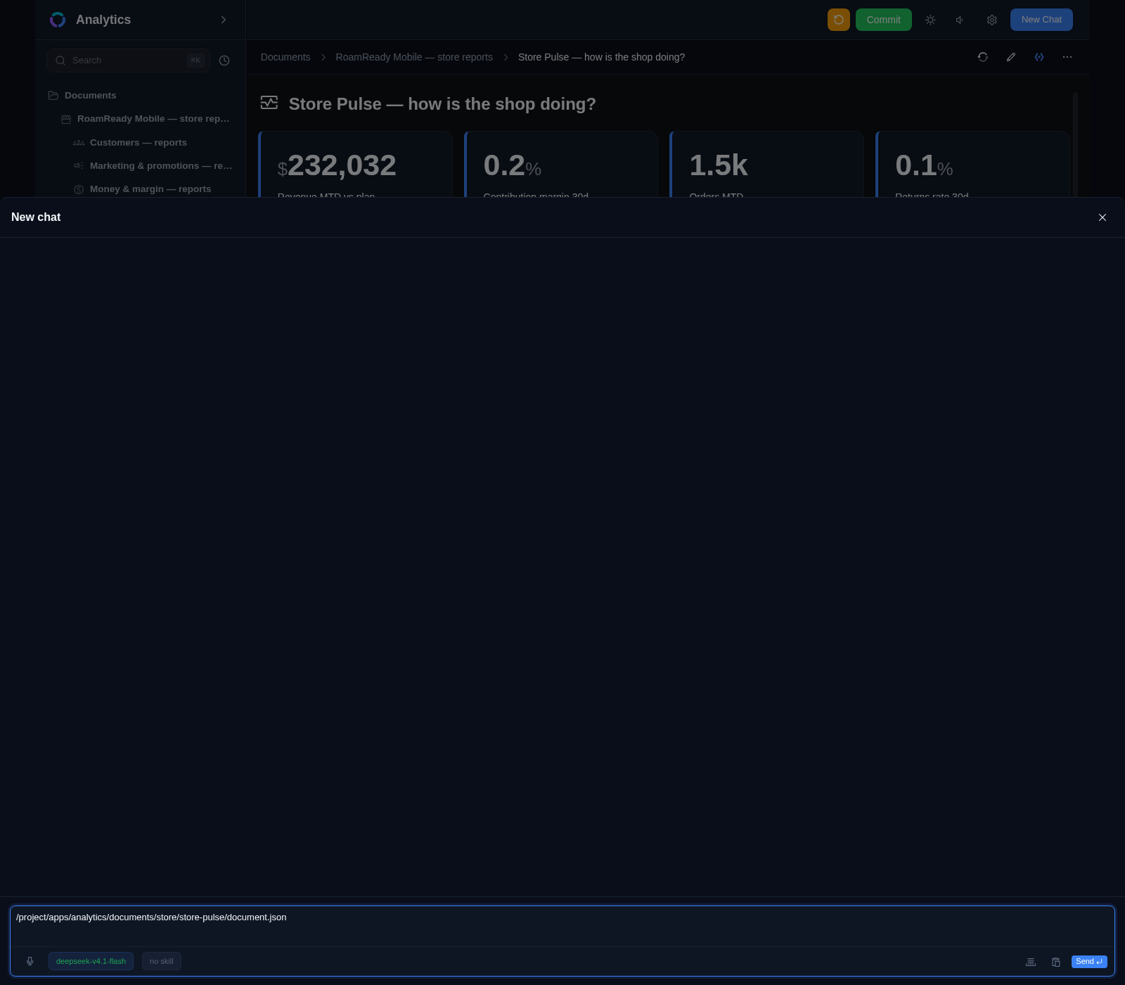 The agent chat opened right on the Store Pulse report: the message is pre-bound to the report's document.json, with model and skill pickers