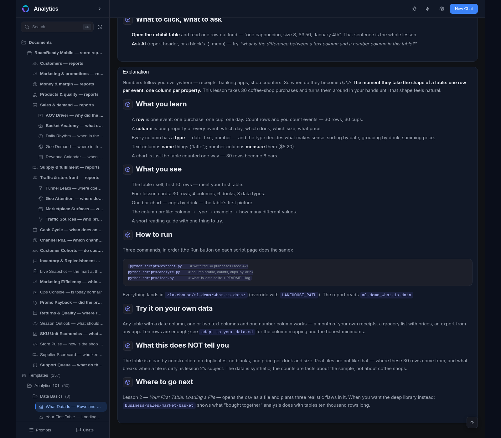 A template report page with its How to run section: the Python scripts (extract.py, analyze.py, load.py) that build the report's data