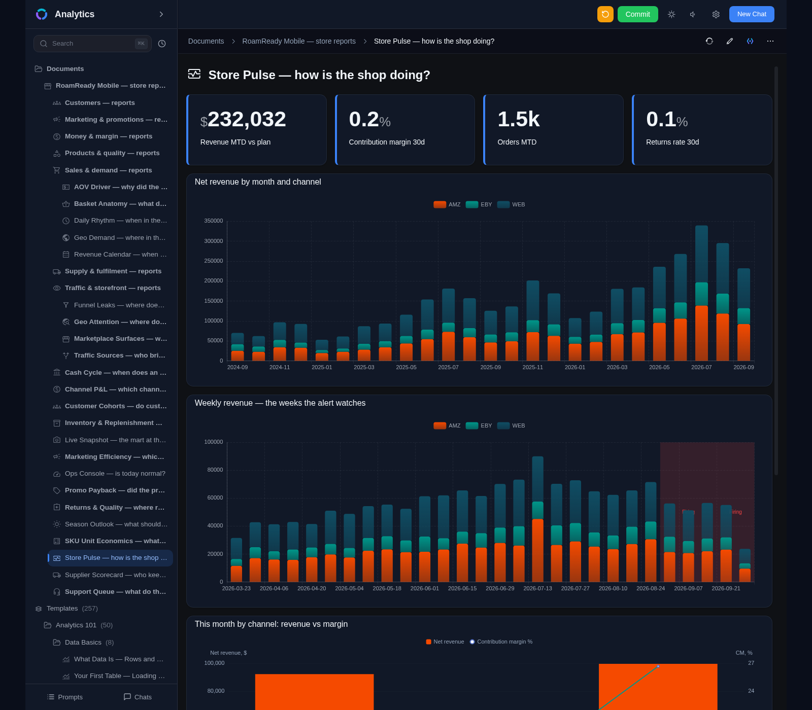 Store Pulse report built from blocks: four KPI tiles, monthly and weekly revenue charts, a channel table and a verdict tile on one canvas