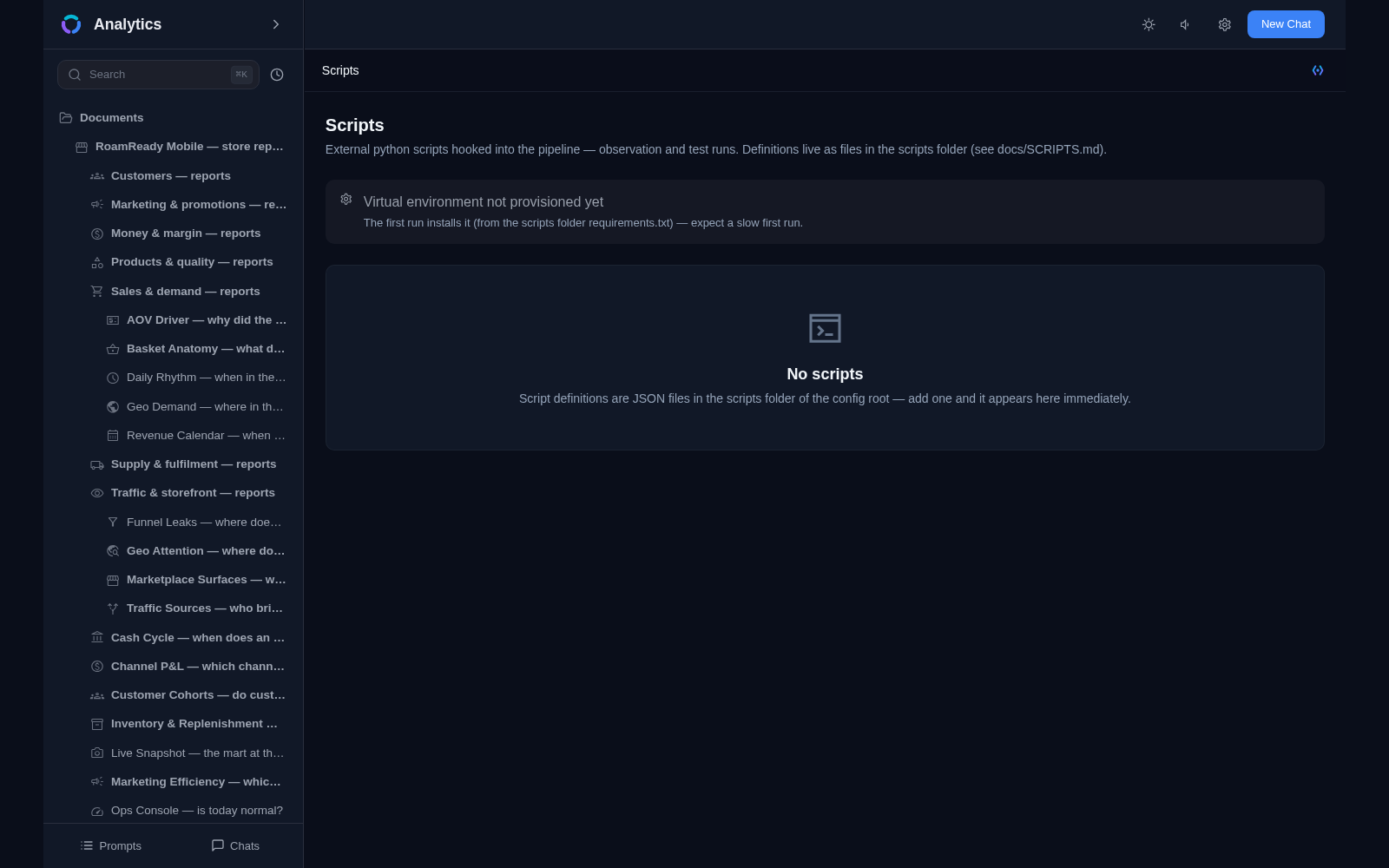 The Scripts page: external Python scripts hook into the pipeline — none configured in this demo yet; script definitions are JSON files that appear here immediately