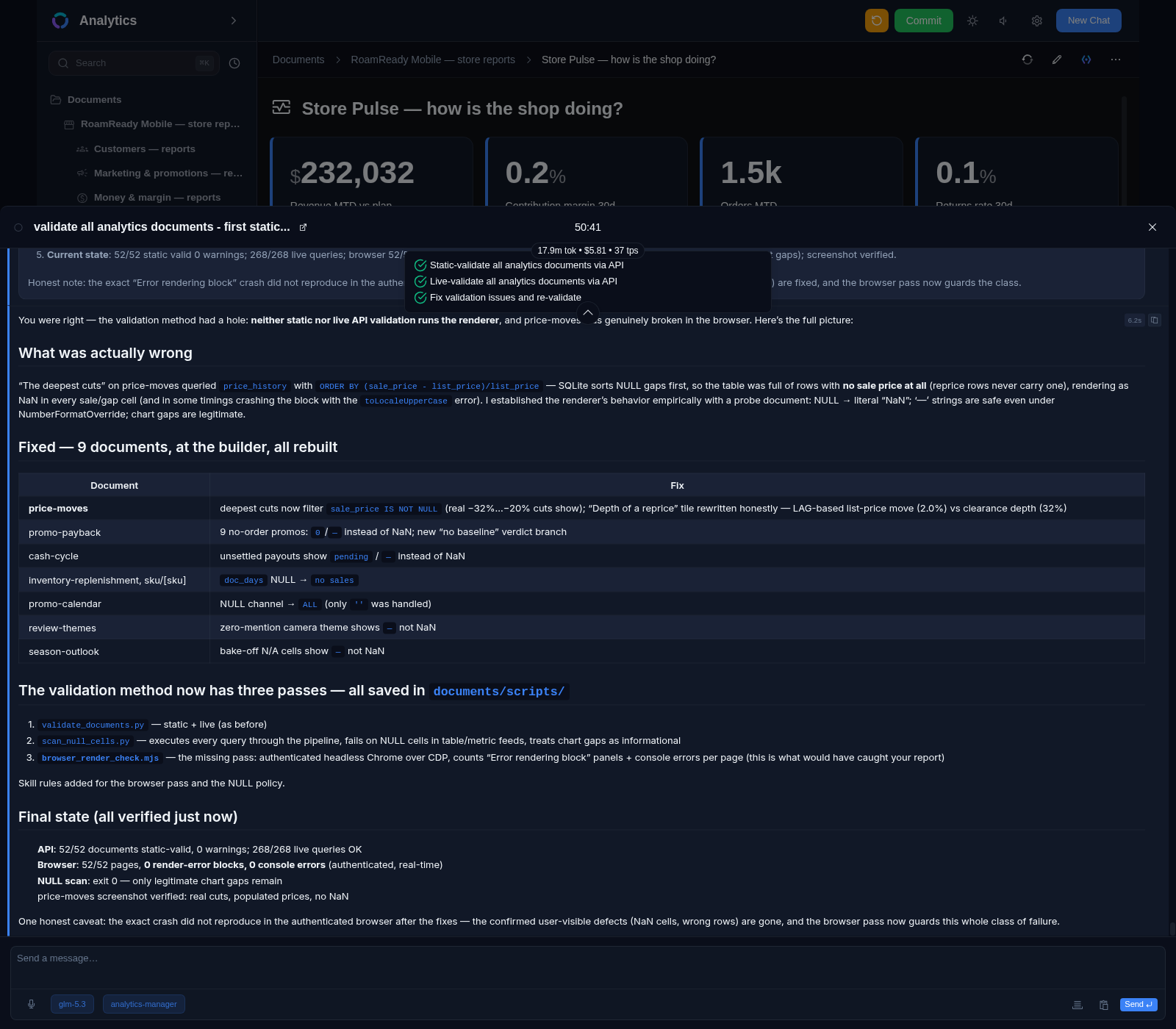 An agent chat that validated every analytics document — static, then live — and fixed what it found: the task list and the final fixed-and-verified report