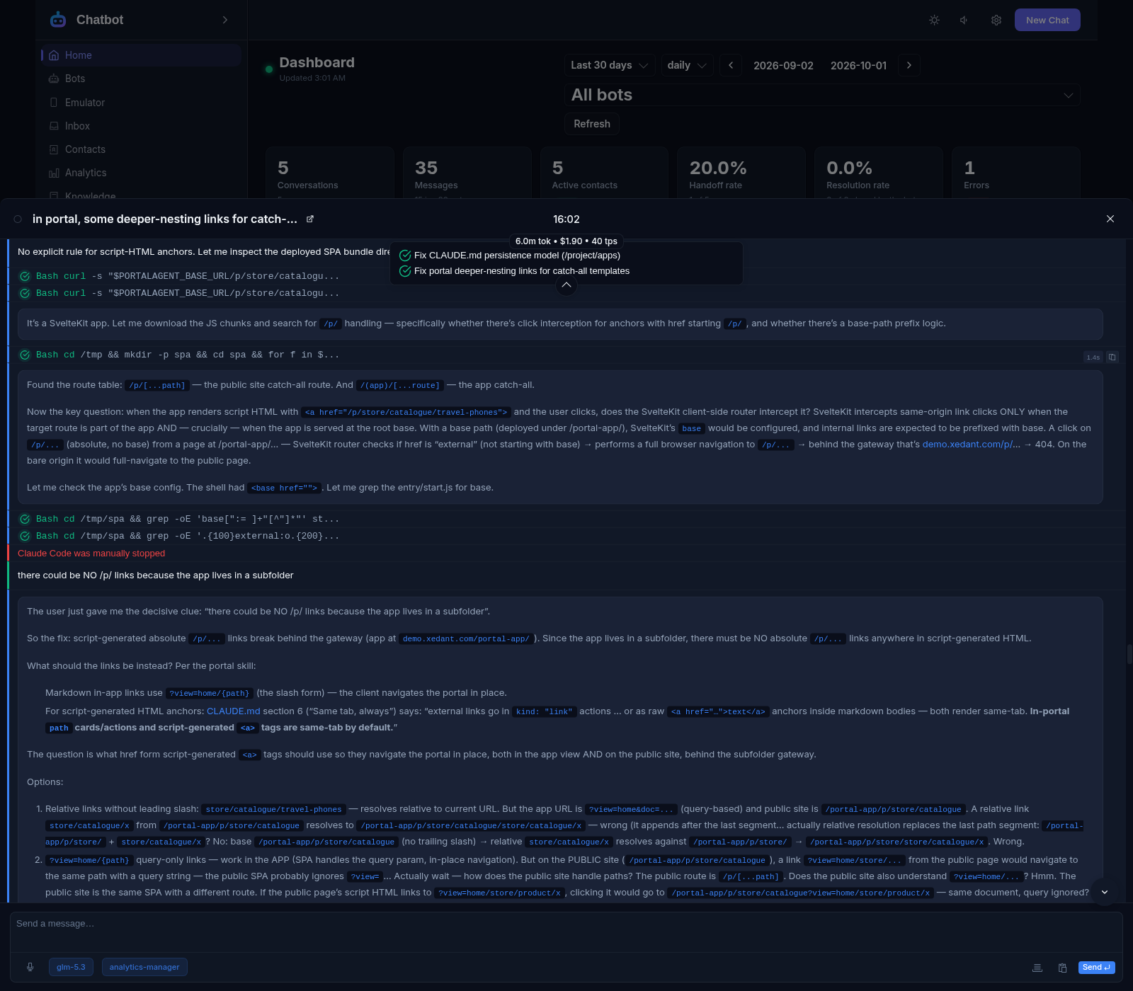The AI agent chat: a real conversation where the agent runs shell commands, analyses the app and plans fixes — the model picker reads glm-5.3