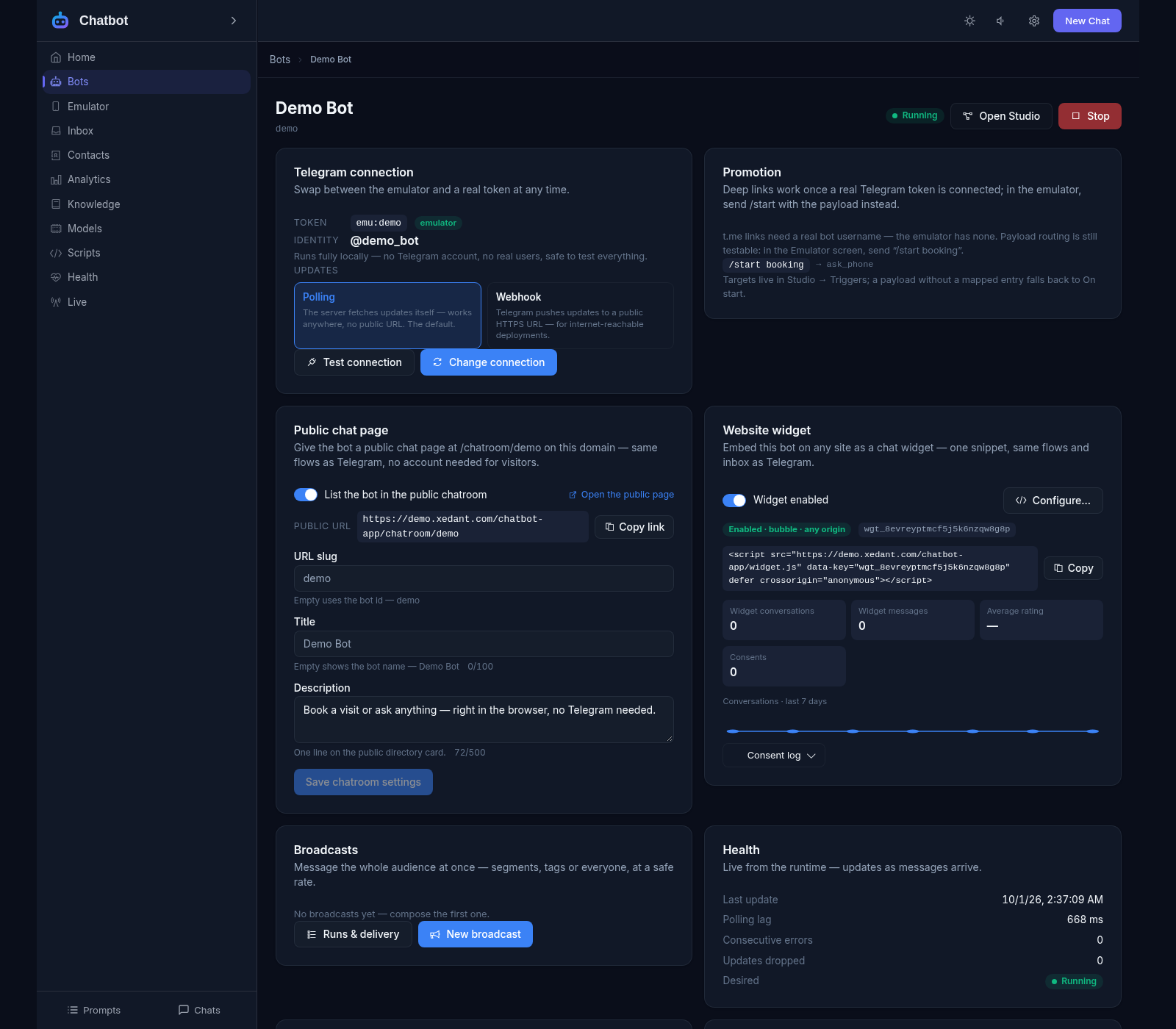 The Demo Bot page: running status, the Telegram connection with the emu: emulator token, and cards for the public chat page, website widget, broadcasts and runtime health