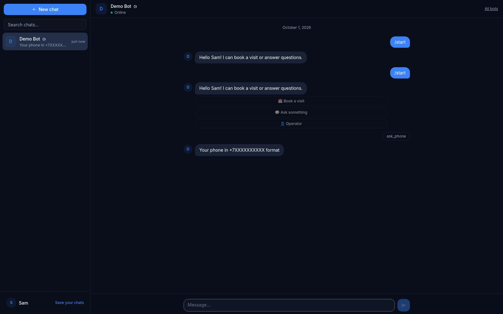 The public chat page in the visitor's browser: the Demo Bot chat with Sam, reply buttons and the saved chats rail — no Telegram needed