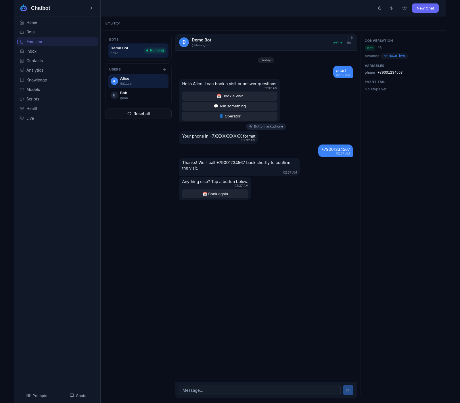 The Telegram emulator: fake users Alice and Bob in the rail, a finished booking dialogue in the chat, and the conversation panel with the saved phone variable