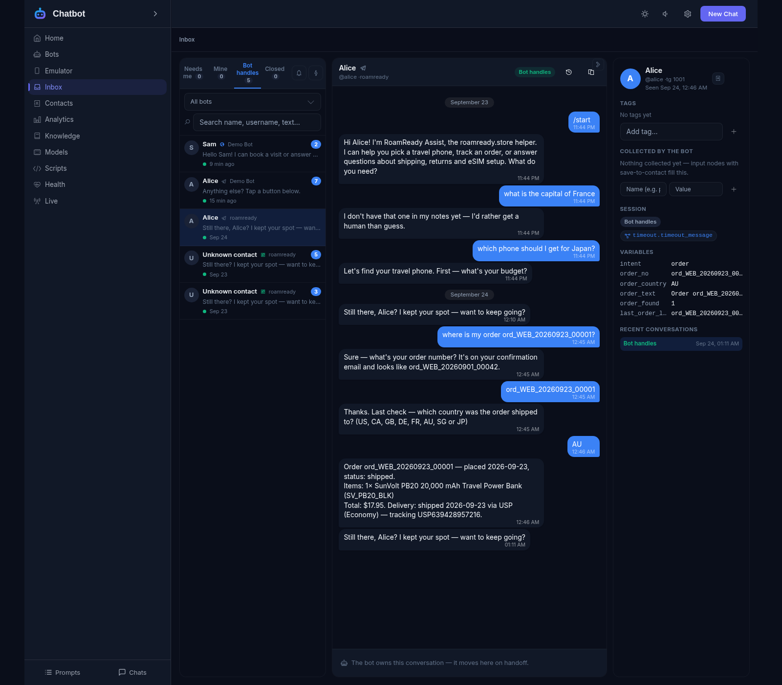The operator inbox: the Bot handles list, the Alice conversation with the order lookup, and the client card with tags, session and variables