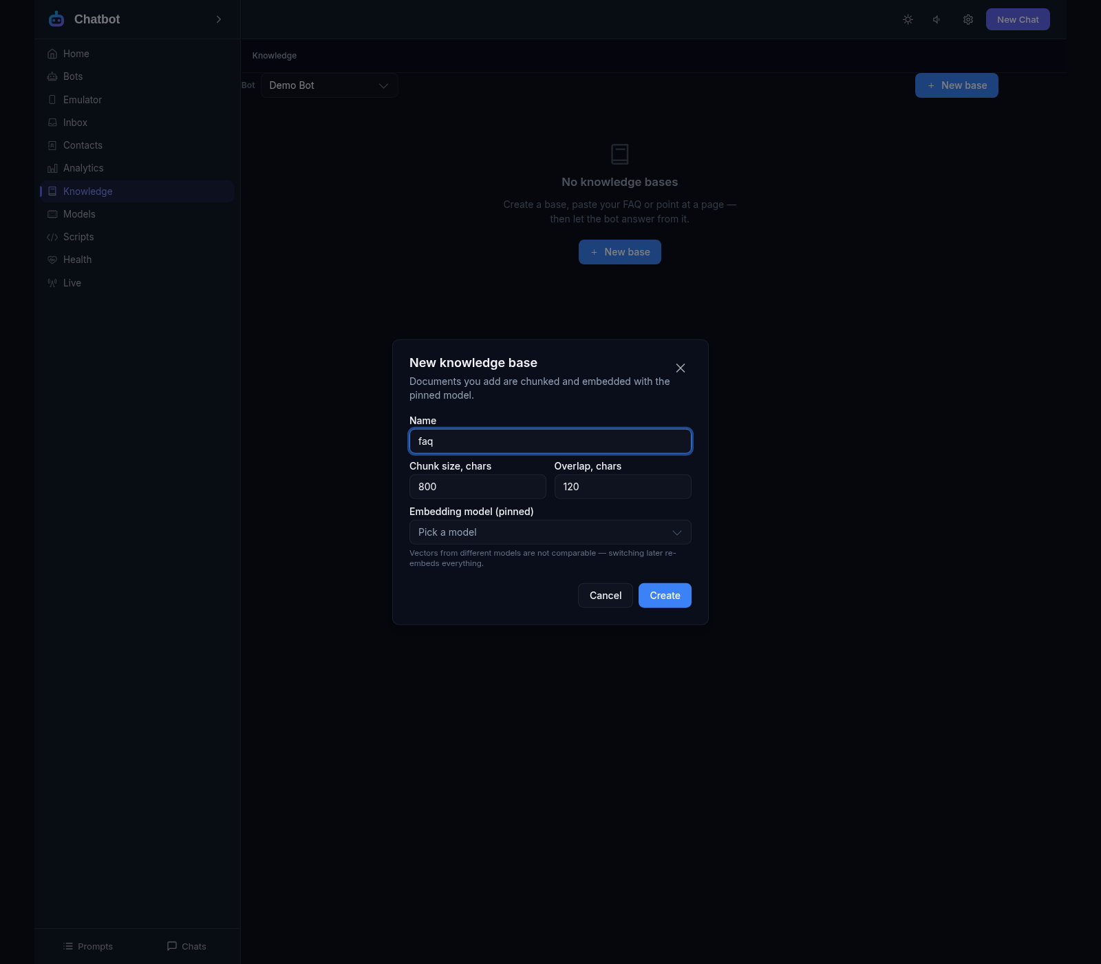 The Knowledge screen with the new-base dialog open: name, chunk size and overlap, and the pinned embedding model — no base is created in the demo yet