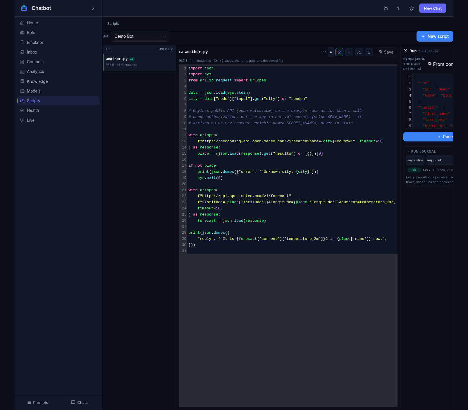 The scripts editor: weather.py open, the run panel with the stdin JSON the node delivers, and the run journal with a journaled test run