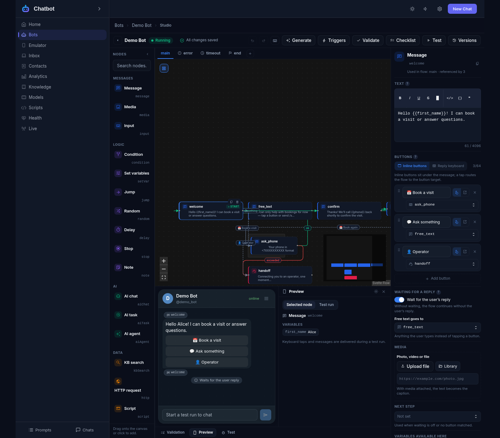 The flow studio: the booking scenario on the canvas, the welcome node open in the inspector with its message text and buttons, and the live Telegram preview of the message