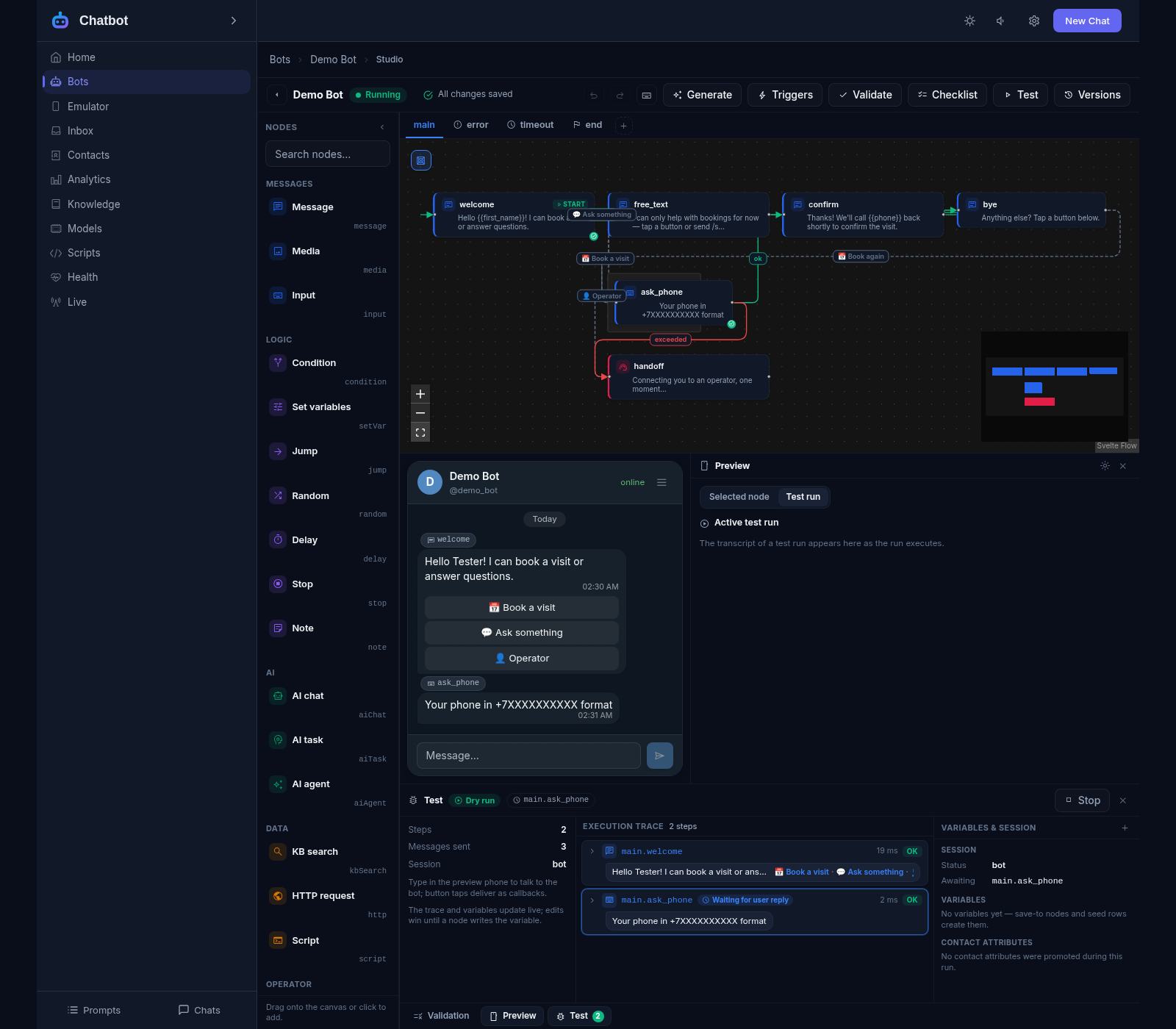 The test dock: a dry run of the booking flow with the two-step execution trace and per-step timings, awaiting the phone reply on the canvas