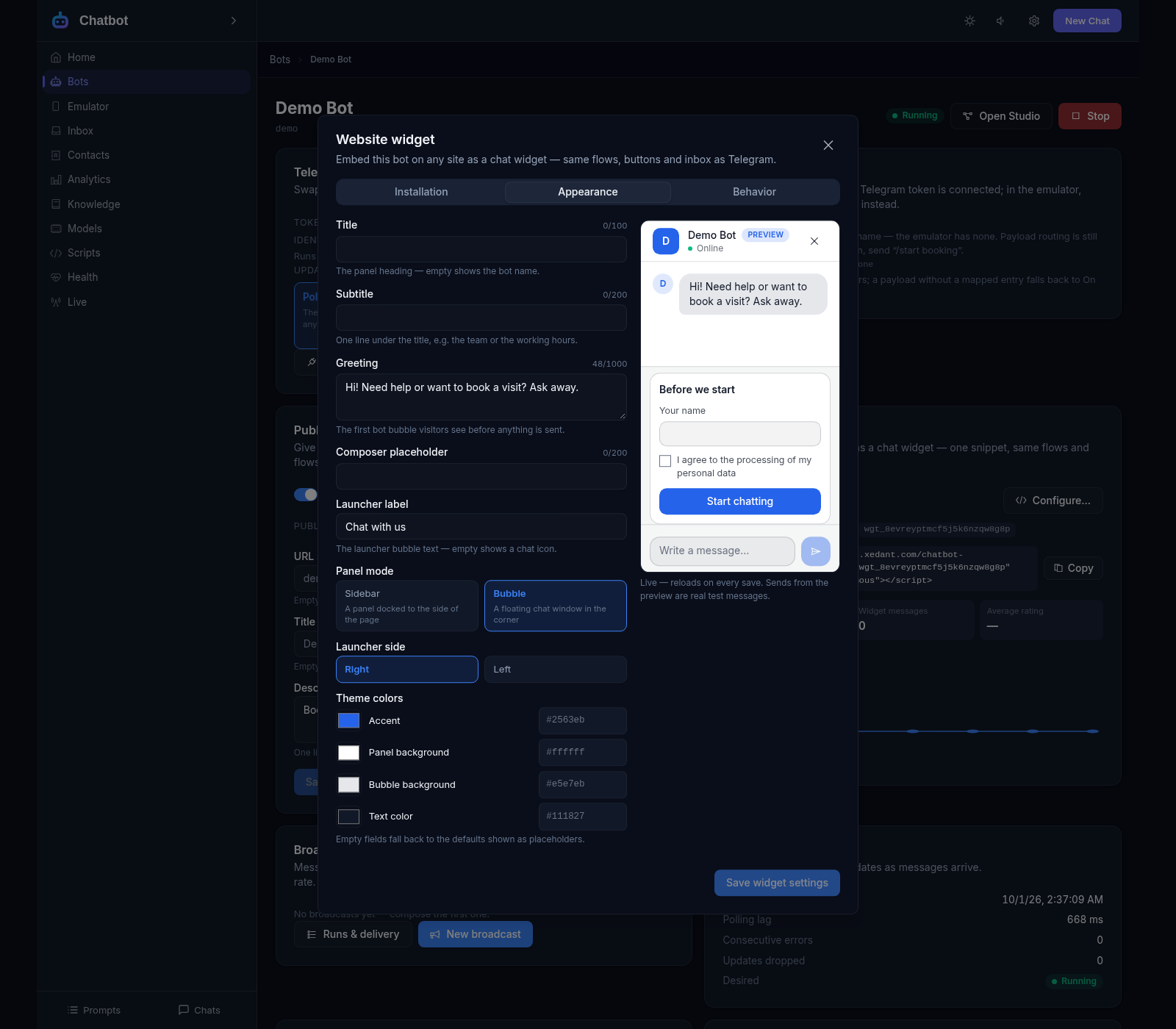 The website widget setup: appearance options beside the live preview with the greeting bubble and the Before we start form with its consent checkbox