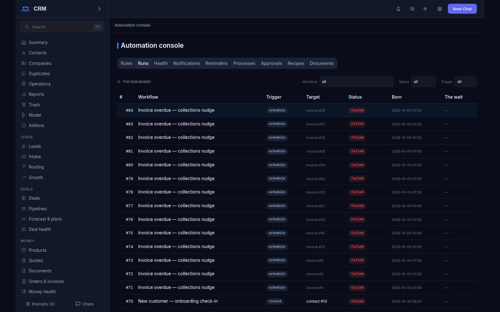 Automation add-on, Runs tab: the run board listing workflow runs with their trigger, target, status, birth time and wait