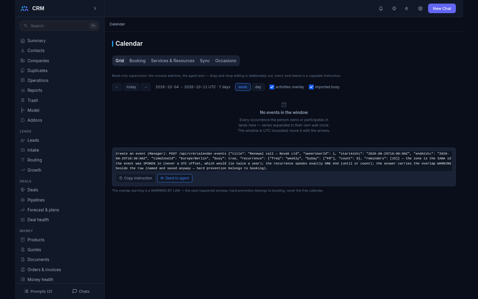 Calendar add-on, Grid tab: the week window is empty in the demo; the read-only supervision note and the week and day toggles are shown