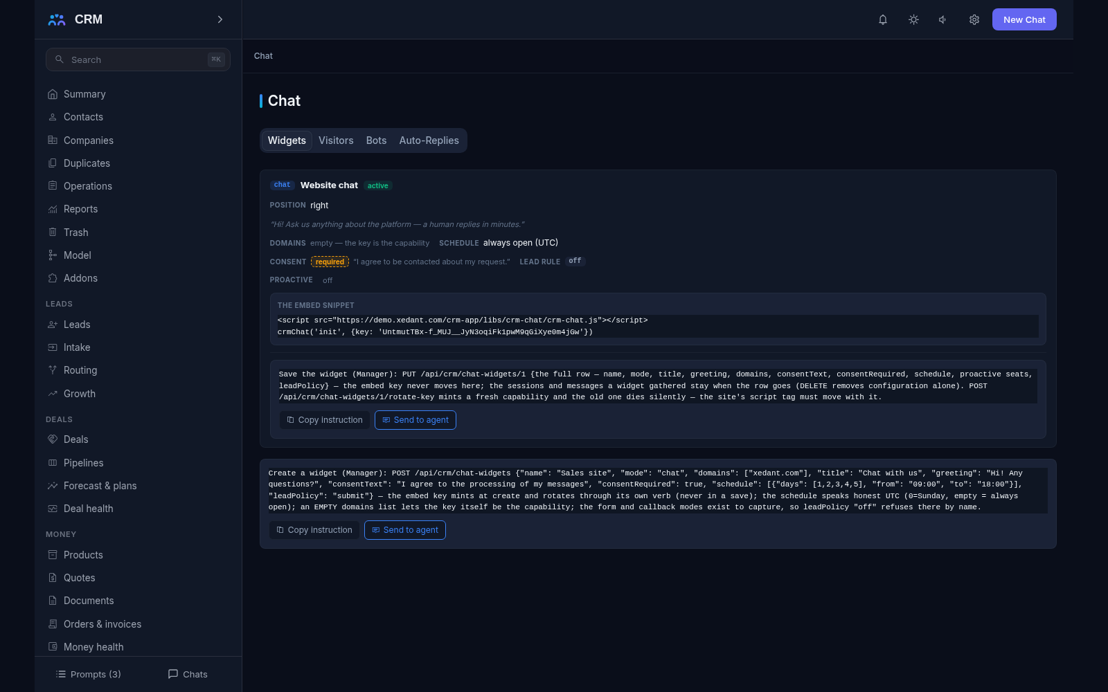 Website chat add-on, Widgets tab: the active widget position, schedule and consent text beside the embed snippet