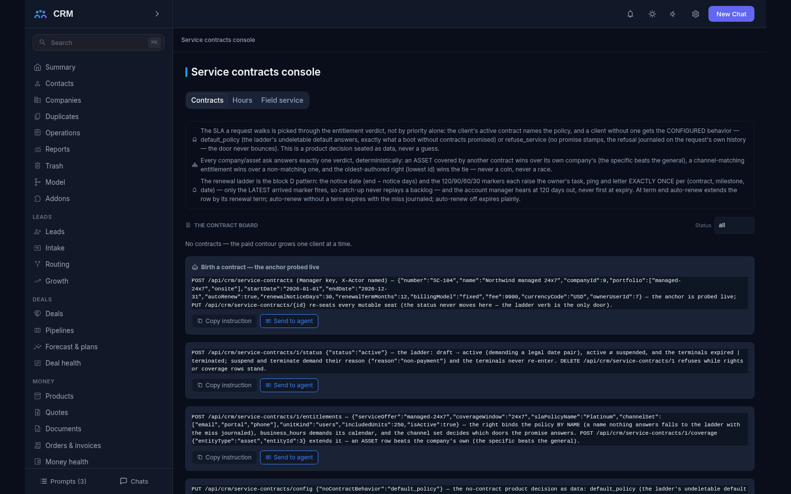 Service contracts add-on, Contracts tab: the entitlement verdict and an empty contract board - the demo has no contracts yet