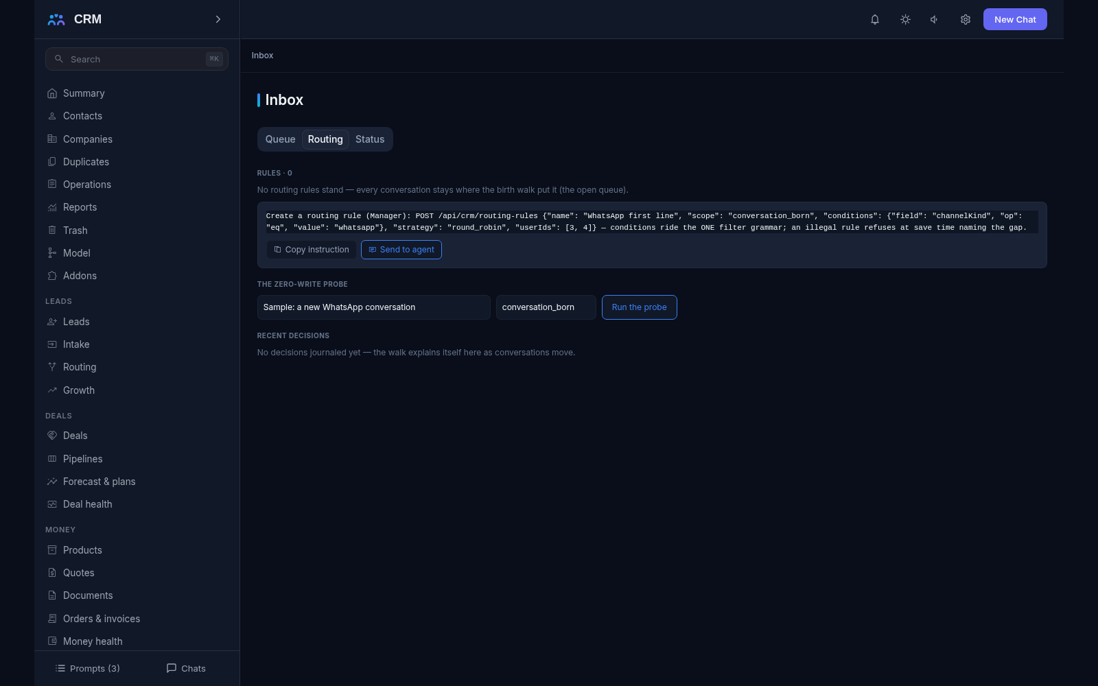 Inbox add-on, Routing tab: no routing rules stand in the demo - the screen explains where conversations go instead and shows the zero-write probe