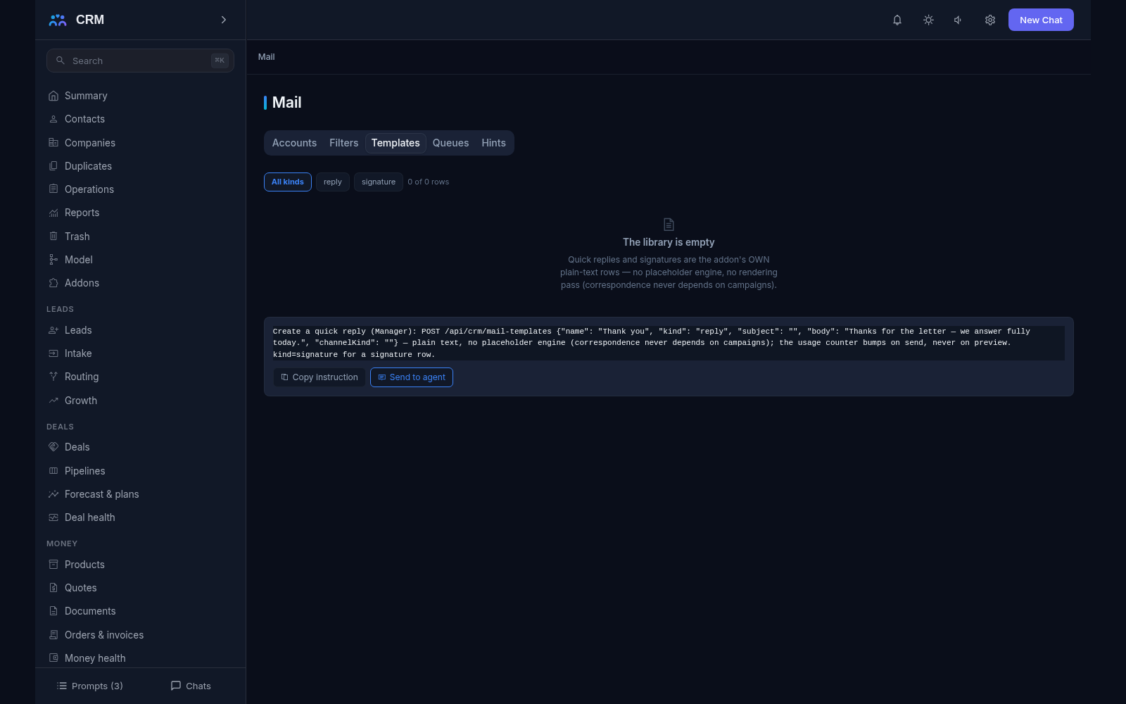 Mail add-on, Templates tab: the quick-reply and signature library is empty in the demo - no mailboxes are connected