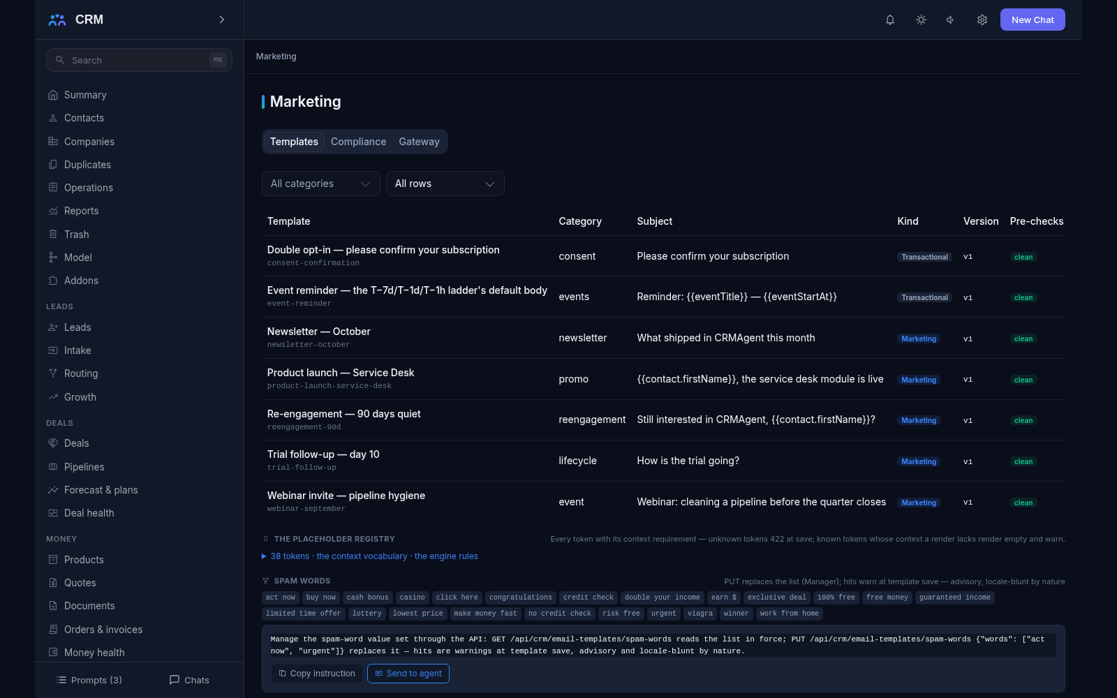 Marketing add-on, Templates tab: the template library with category, subject, kind, version and pre-checks