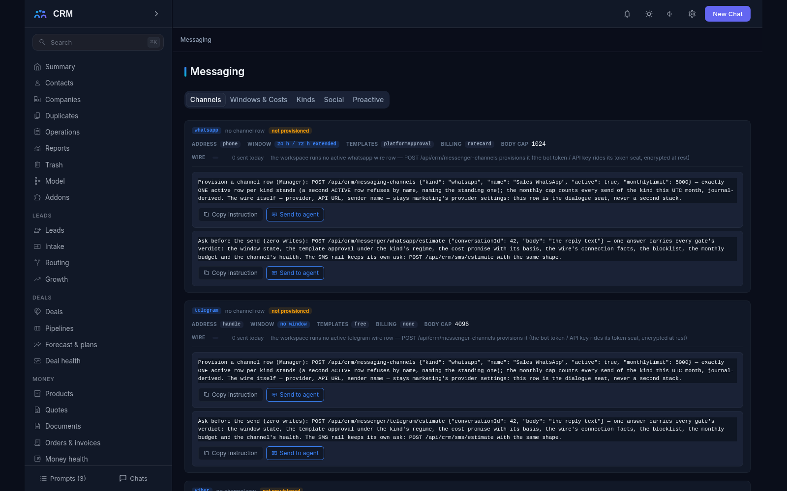 Messaging add-on, Channels tab: the channel rows with their reply window, template policy, rate card and body cap