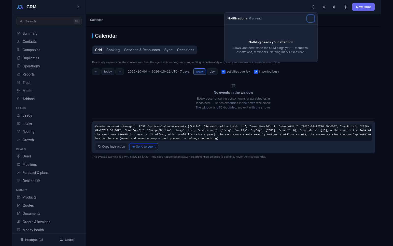 Notifications add-on: the bell panel with no unread rows and the note about when rows land there