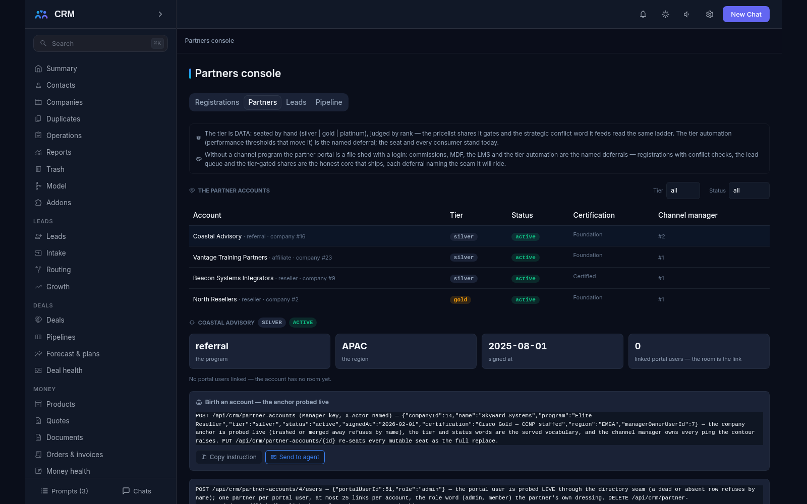 Partners add-on: the partner accounts with tier, kind, status, certification and channel manager