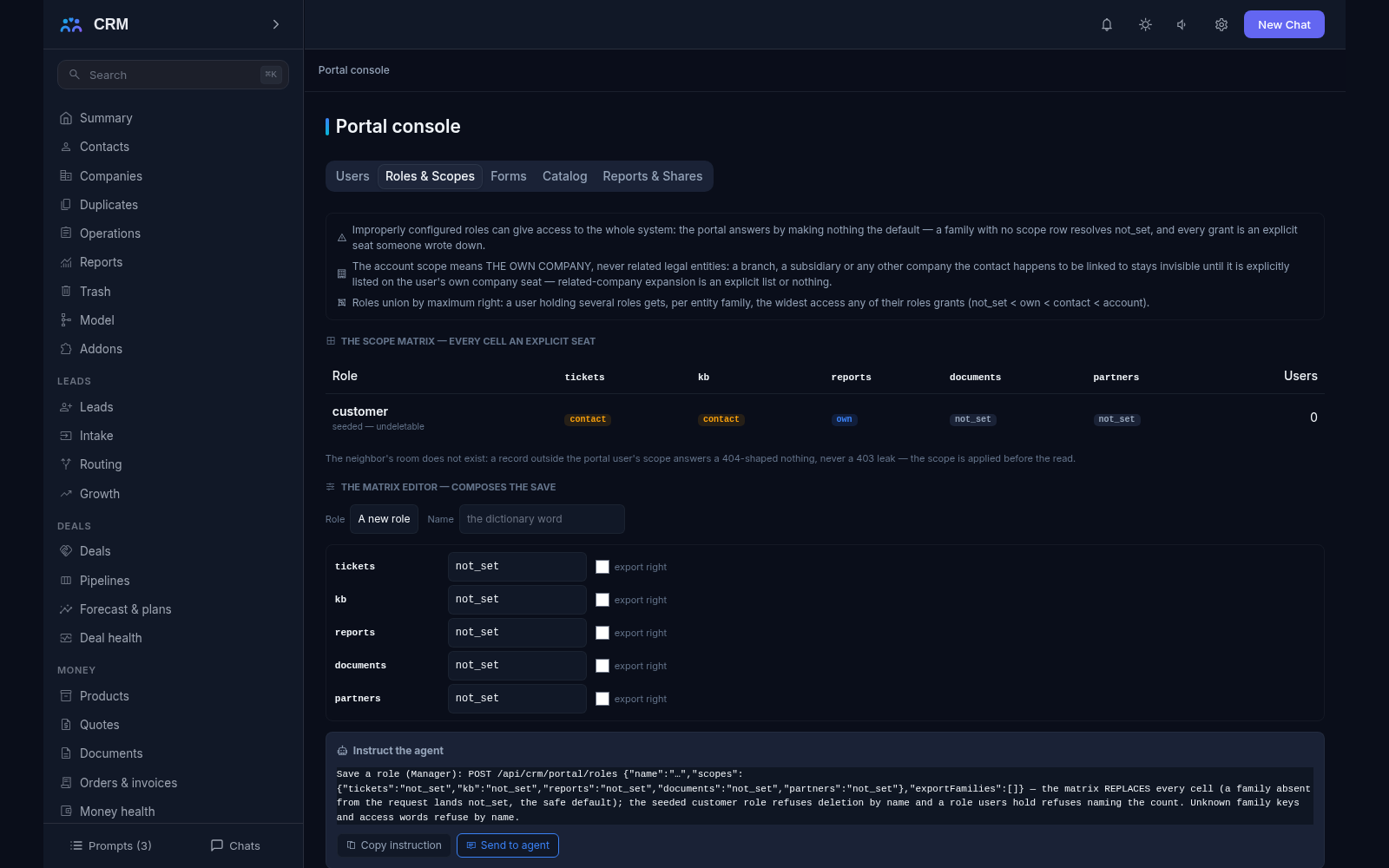 Portal add-on, Roles and Scopes tab: the scope matrix with a role per-family scopes and the role editor; the demo holds no customer accounts yet