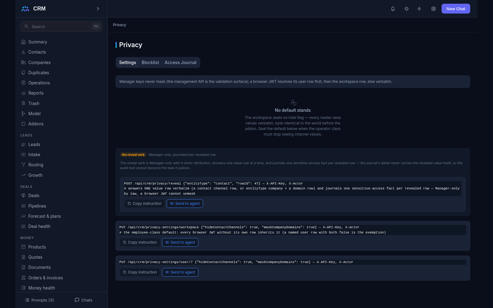 Privacy add-on, Settings tab: the masking rules for contact channels and company domains and the manager-only reveal verb