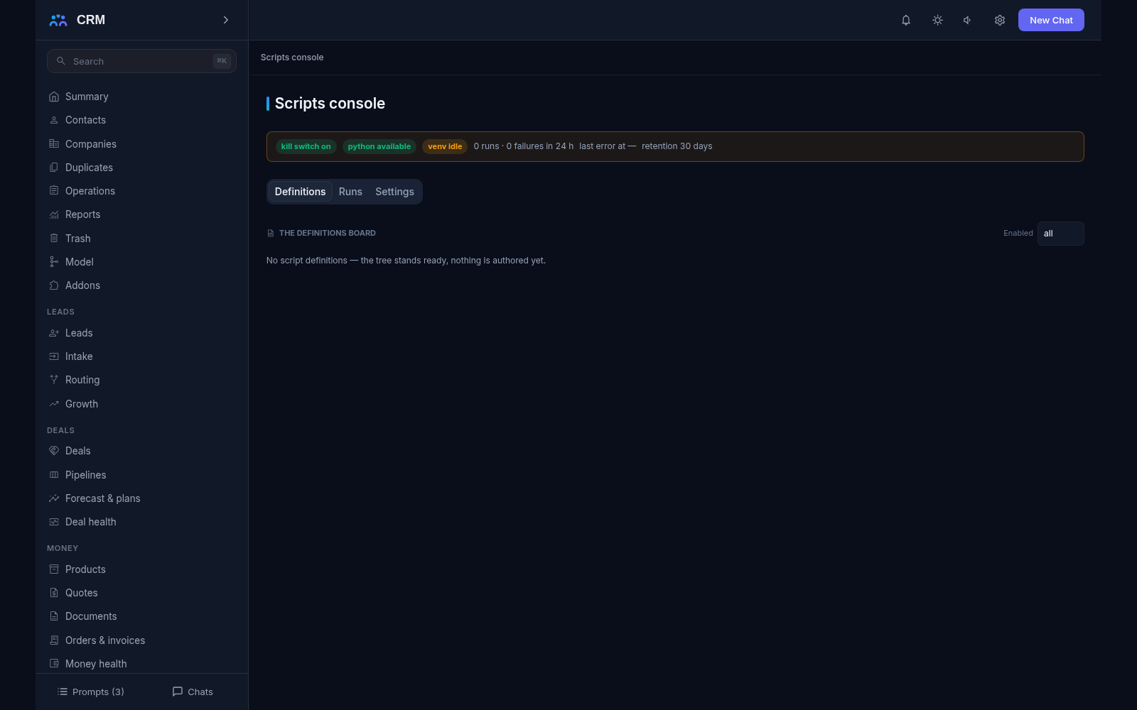 Scripts add-on, Definitions tab: the run-state band - kill switch, python availability, venv idle, runs - and the empty definitions board