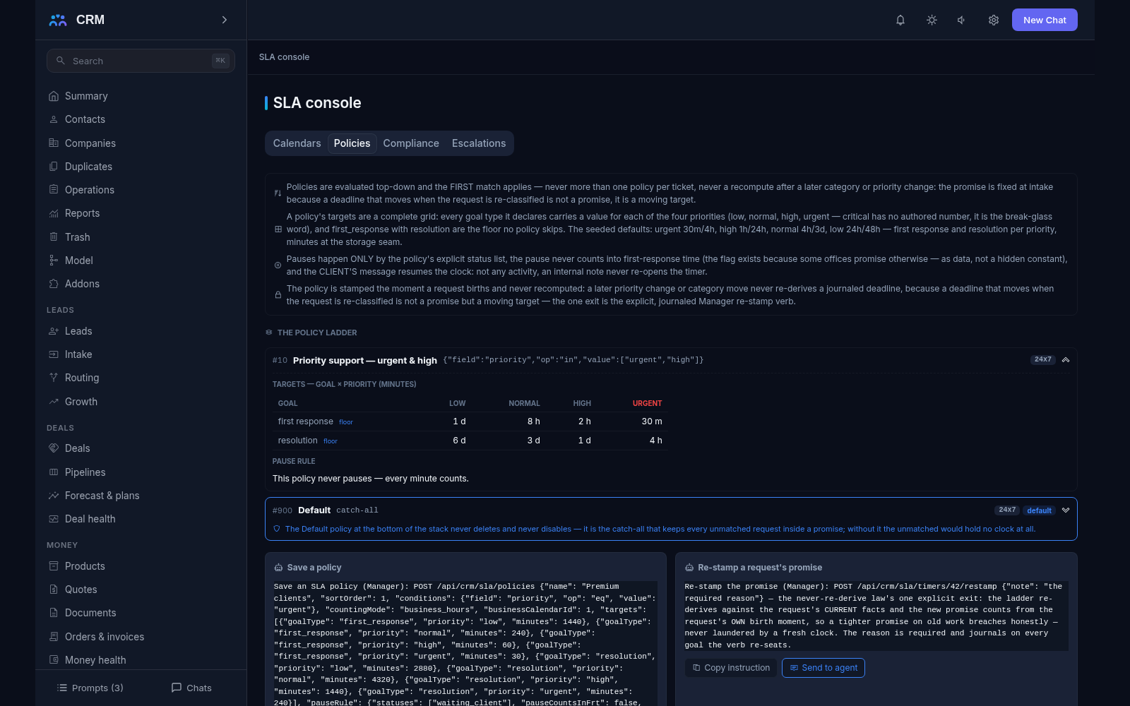 SLA add-on, Policies tab: the policy ladder and the targets grid - first response and resolution by low, normal, high and urgent priority