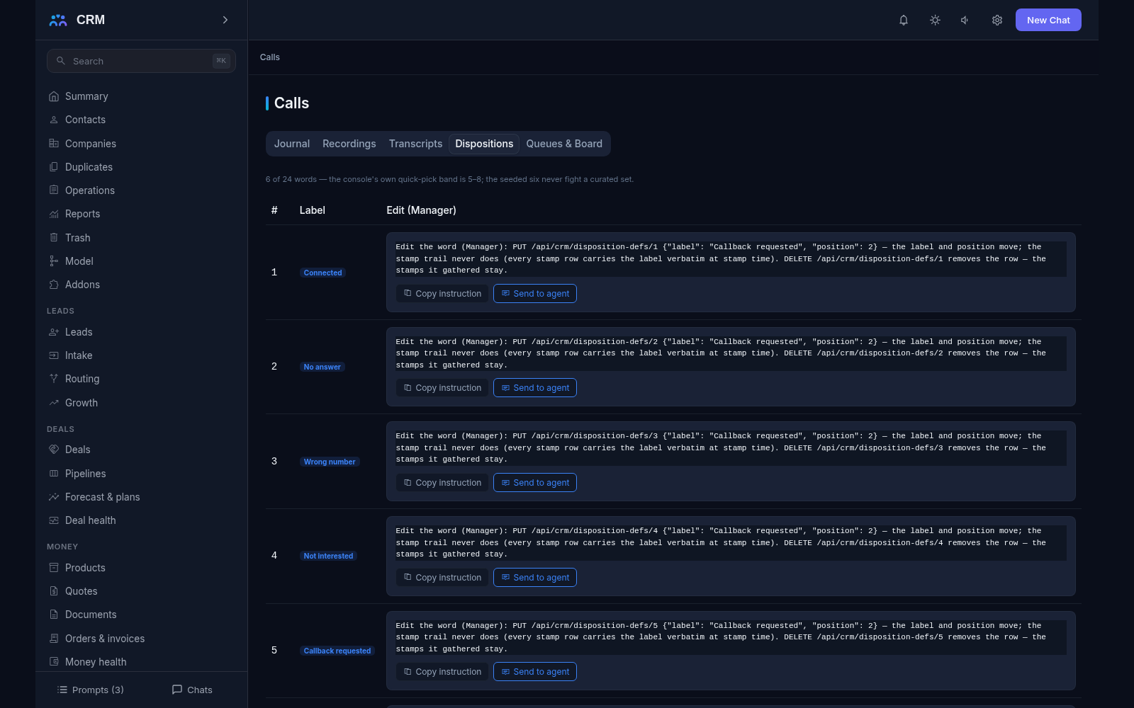 Telephony add-on, Dispositions tab: the call-outcome word list the console offers
