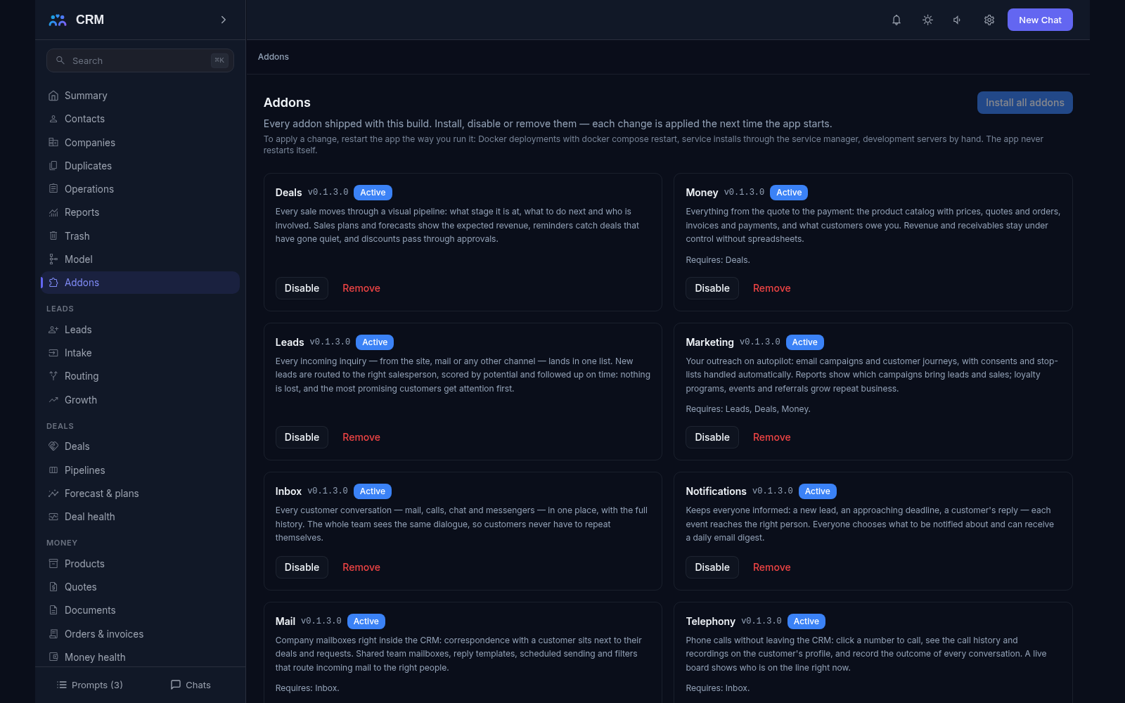 Add-ons screen: the build composition with each add-on state, version and the dependencies it requires