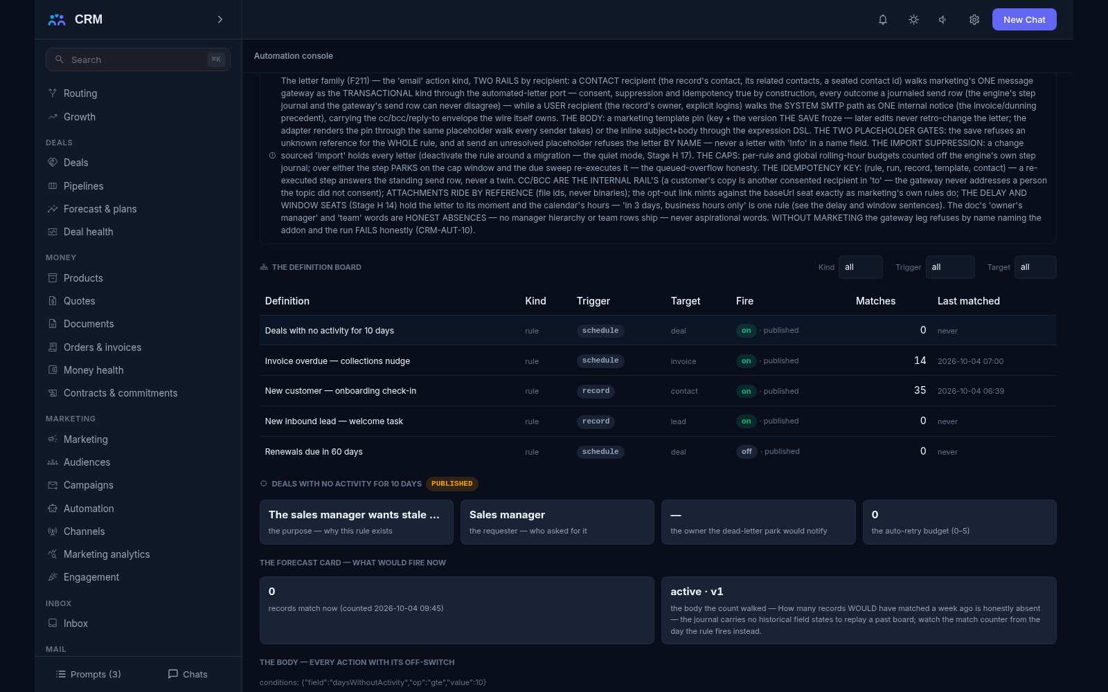 Automation console, Rules tab: the definition board with each rule trigger, target, fire state, match count and last run, above the published definition forecast card