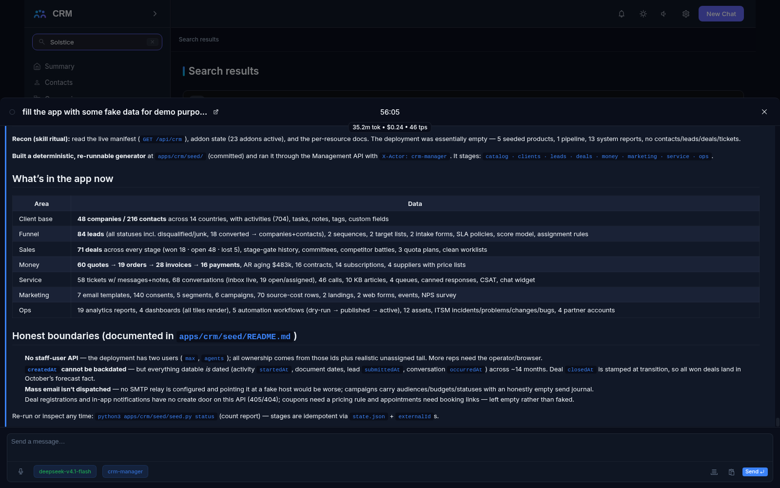 Chat panel with the AI agent: the conversation transcript and the composer showing the selected model and the crm-manager skill