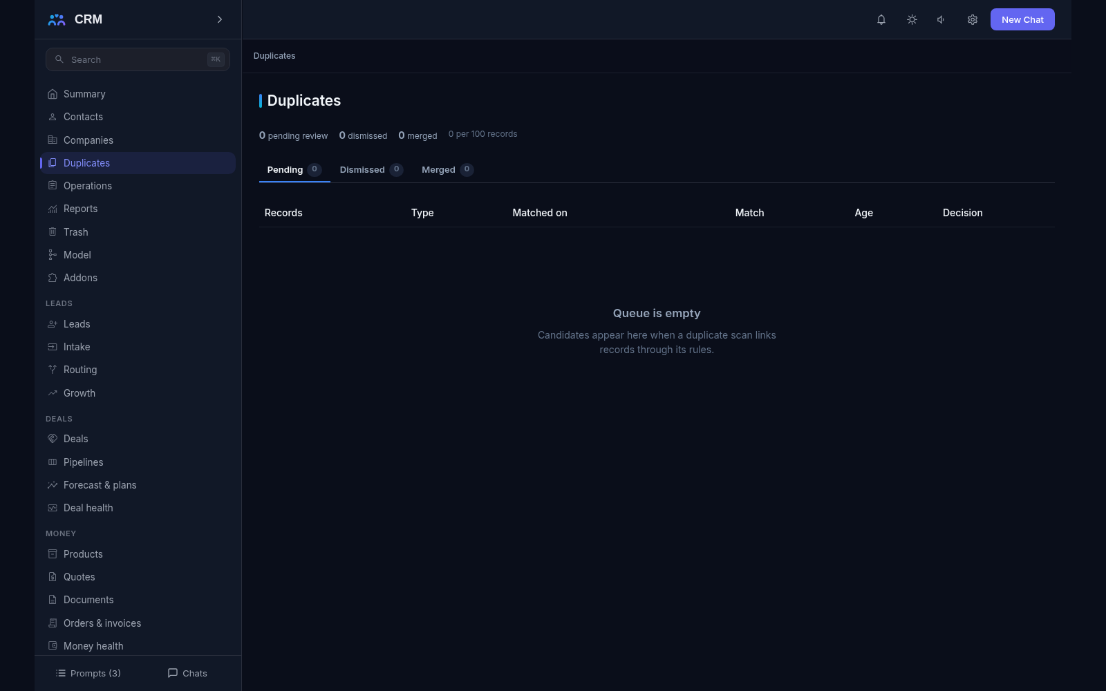 Duplicates screen: pending, dismissed and merged counters with the review queue empty - the demo base holds no candidates